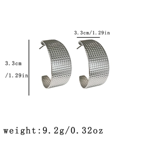 Detailed size specifications of silver C-shaped hoop earrings with textured finish