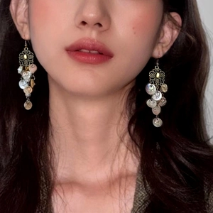 Hollow Carved Flower Long Tassel Earrings Vintage Ethnic Style Alloy Mother Of Artificial Pearl Shell Drop Dangle For Women