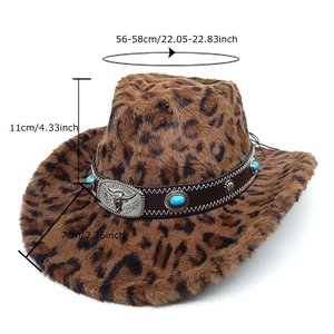 Leopard print faux suede western cowboy hat with decorative silver bull head buckle