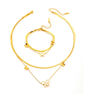 18k gold plated butterfly shell pendant necklace and bracelet double layer jewelry set