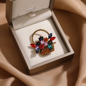 Creative flower basket brooch with colorful rhinestones on premium bronze silk