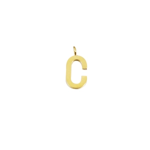 Detailed view of a minimalist golden stainless steel C-letter pendant with a top ring