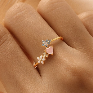 Detail of S925 silver ring featuring pink heart gem and colorful floral motifs on finger
