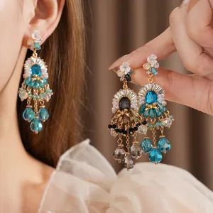 Vintage palace style pearl tassel earrings with luxury blue and grey teardrop crystals