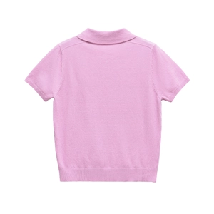 Back view of a light pink short sleeve knit polo shirt with ribbed cuffs and hem details