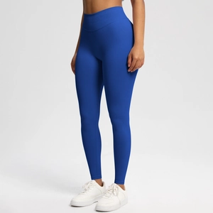 Close-up of high-waist seamless yoga leggings in dark blue with wide core support band