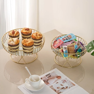 Round Fruit Plate Metal Iron Basket With Marble Pattern Base Pedestal Snack Dessert Storage Stand Modern Luxury Home Decor