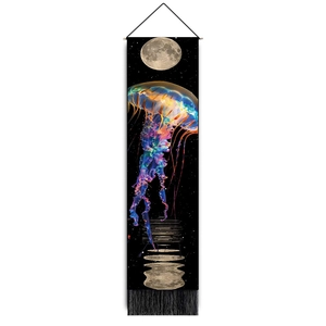 Vertical detail of jellyfish and moon tapestry with hanging rope and bottom tassels