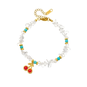 Beaded chain bracelet with irregular stones and a red cherry pendant in stainless steel