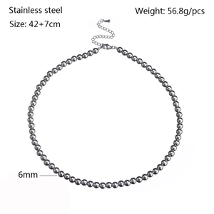Detail of 6mm stainless steel bead necklace with lobster clasp and 42+7cm length