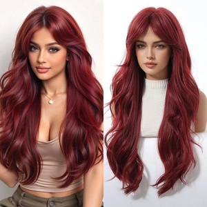 Detailed comparison of burgundy long wavy wig with bangs on model and mannequin stand