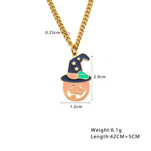 Detail view of Halloween pumpkin wizard hat pendant with chain size and weight specs