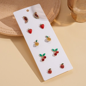 Set of 5 pairs of gold-plated fruit stud earrings with crystals and colorful enamel finish