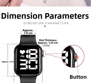 Detail view of square LED watch dimensions with side button and silicone strap features