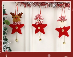 Christmas ornaments with felt reindeer, snowman, and Santa on red stars with bells