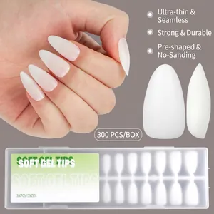 Set of 300 frosted almond long false nail tips in 15 sizes, thin and durable design