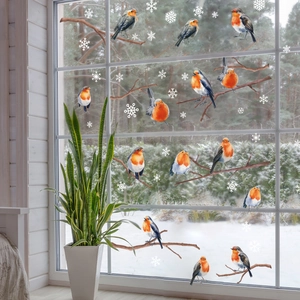 Winter-Fensteraufkleber mit lebensechten Rotkehlchen, verschneiten Ästen und Flocken