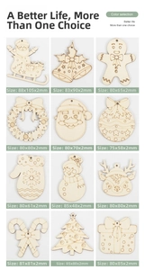Detailed grid view of 12 unpainted laser-cut wooden Christmas ornaments with dimensions