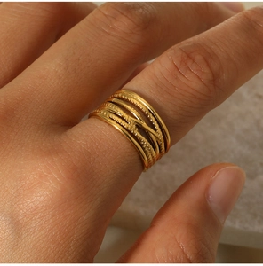 Detail of 18k gold plated stainless steel irregular multi-layer wrap ring on hand
