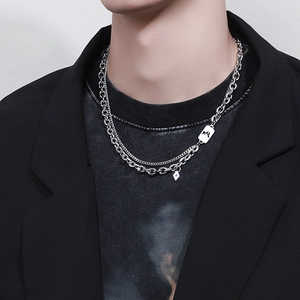 Silver double-layered zodiac necklace for men featuring rectangular and triangular pendants