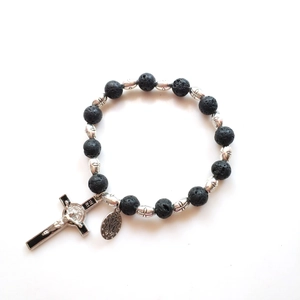 Black volcanic stone elastic bracelet with silver Benedict cross and religious medal