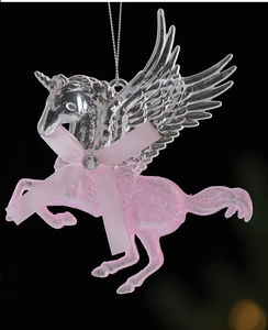 Close-up of pink glitter pegasus ornament with transparent wings and a ribbon bow