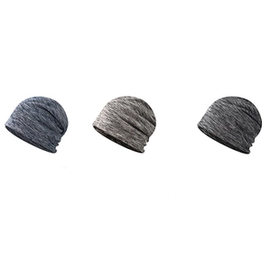 Three versatile knitted beanie hats for men and women in grey and blue marl colors