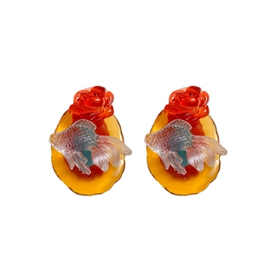 New Chinese style transparent goldfish and red rose floral stud earrings on white background