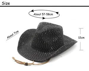 Detailed size guide for black cowboy straw hat showing head circumference and brim dimensions