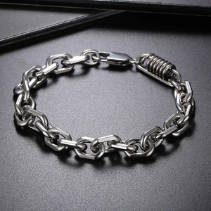 Detail shot of heavy industry style stainless steel chain bracelet with spring cylinder part