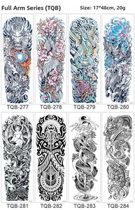 Close-up of 8 temporary full arm tattoo designs including dragon and koi fish patterns