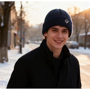 Detailed cable knit texture and logo emblem on a warm navy blue winter wool beanie