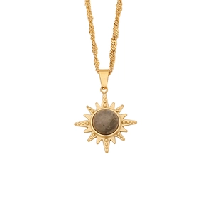 Retro stainless steel necklace featuring a golden sun pendant with a grey natural stone