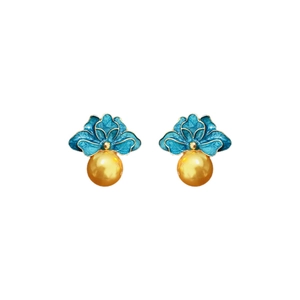 Vintage style floral earrings with blue petals and golden pearl drop in classic French design