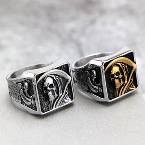 Grim Reaper Scythe Skull Ring Stainless Steel Gothic Punk Retro Signet Relief Wings Jewelry For Men Women