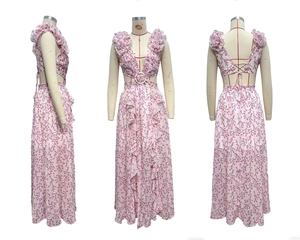 Detailed views of a pink floral maxi dress with deep V-neck and ruffled waist cut-outs