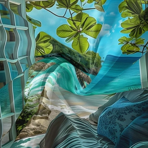 Detailed view of bohemian tropical tapestry with digital beach and palm print fabric