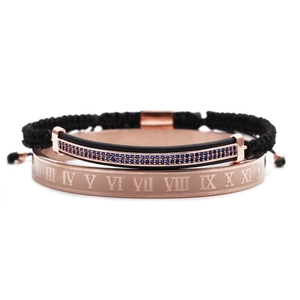 Roségoldenes Armreif-Set mit römischen Ziffern und schwarzem Zirkon-Armband