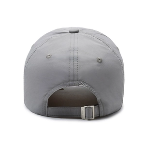 Rear view of grey breathable mesh baseball cap with adjustable silver metal buckle
