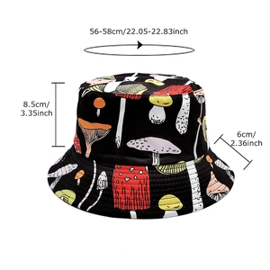 Unisex black bucket hat with mushroom pattern showing 56-58cm head circumference size