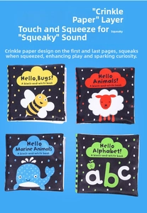 Detailed view of four educational baby cloth books with crinkle paper and animal themes