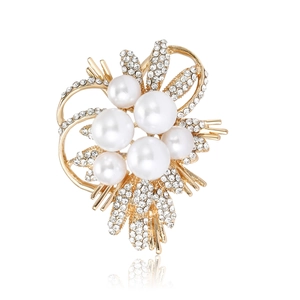 Elegant floral pearl brooch with gold finish and sparkling rhinestones for women