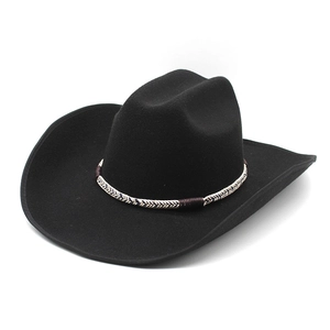 Classic black wool felt cowboy hat with wide brim and woven ethnic decorative band