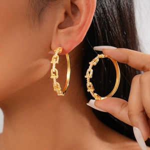 U-Shaped Chain Hoop Earrings Zircon 18K Gold Plated Copper 925 Sterling Silver Earring Post Geometric Fashion Women