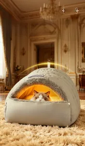 Detailed view of the plush grey fleece lining and quilted exterior of the warm cat bed