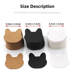 Detailed dimensions of 3.5x3.5cm cat head earring cards in brown, black, and white colors