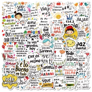 Pack of 50 colorful Spanish motivational stickers with cartoon designs and quotes