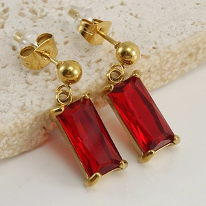 18K gold plated stainless steel stud earrings featuring rectangular red zircon stones