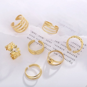 Adjustable gold leaf and layered hollow ring set for women in minimalist design