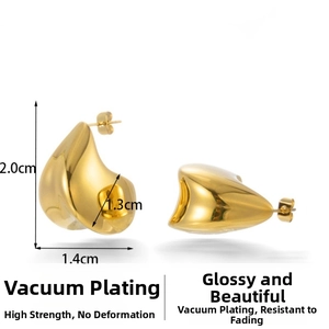 Detail view of gold organic teardrop earrings with dimensions 2.0cm height and 1.4cm width